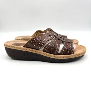 Clarks Artisan Womens Brown Leather Slip On Low Wedge Comfort Sandals Shoes 8.5