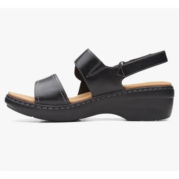 Clarks Women Merliah Opal Black Leather Cuir Noir Sandals, Size 12