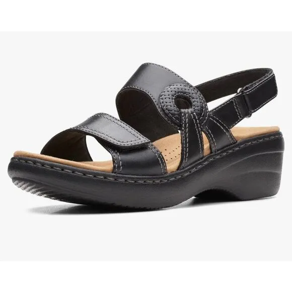 Clarks Women Merliah Opal Black Leather Cuir Noir Sandals, Size 12