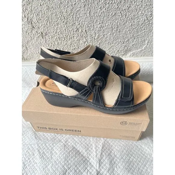 Clarks Women Merliah Opal Black Leather Cuir Noir Sandals, Size 12