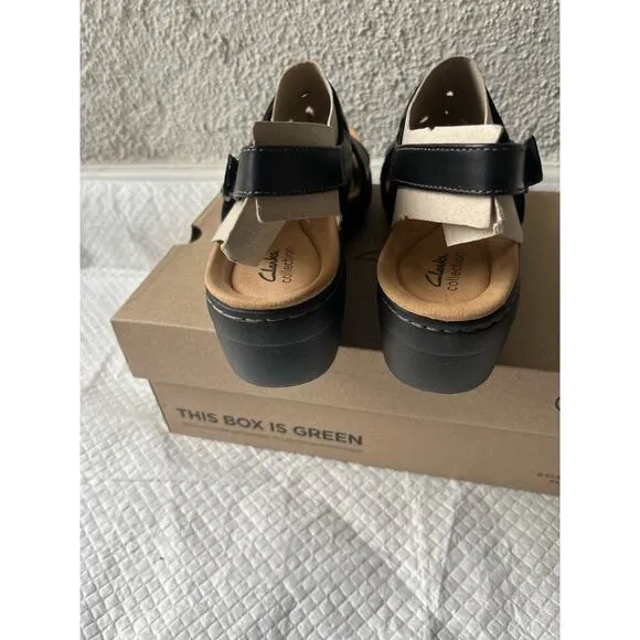 Clarks Women Merliah Opal Black Leather Cuir Noir Sandals, Size 12