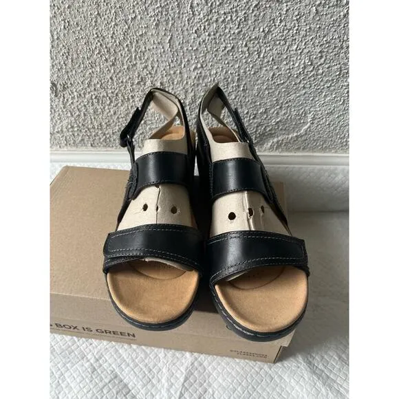 Clarks Women Merliah Opal Black Leather Cuir Noir Sandals, Size 12
