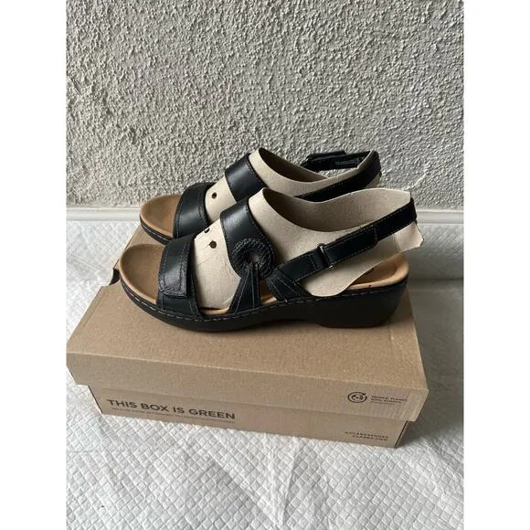 Clarks Women Merliah Opal Black Leather Cuir Noir Sandals, Size 12