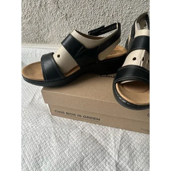 Clarks Women Merliah Opal Black Leather Cuir Noir Sandals, Size 12