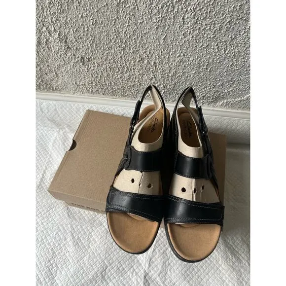 Clarks Women Merliah Opal Black Leather Cuir Noir Sandals, Size 12