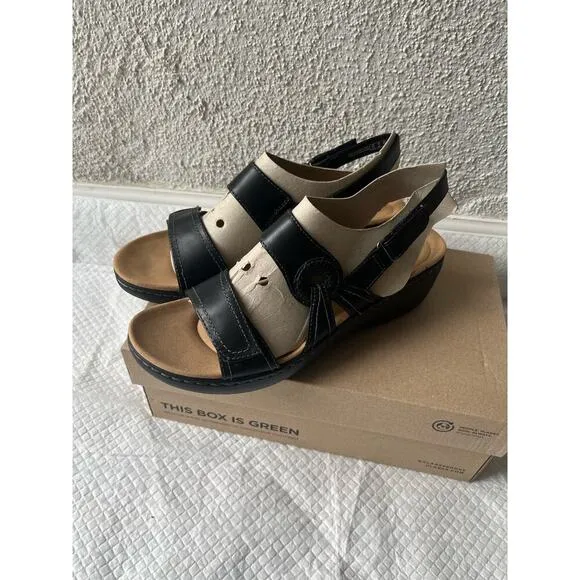 Clarks Women Merliah Opal Black Leather Cuir Noir Sandals, Size 12