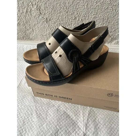 Clarks Women Merliah Opal Black Leather Cuir Noir Sandals, Size 12