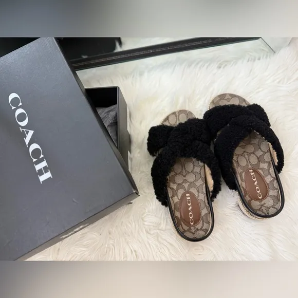 Coach Tally shearling Black Fuzzy Sandals