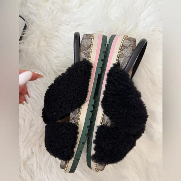Coach Tally shearling Black Fuzzy Sandals