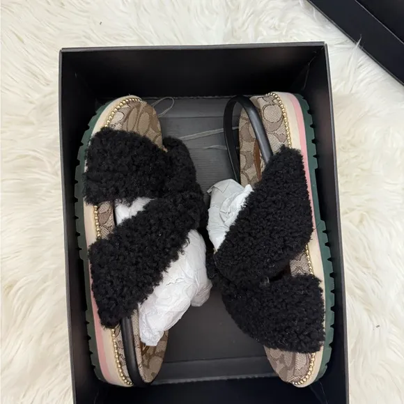 Coach Tally shearling Black Fuzzy Sandals