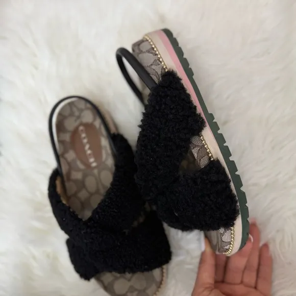 Coach Tally shearling Black Fuzzy Sandals
