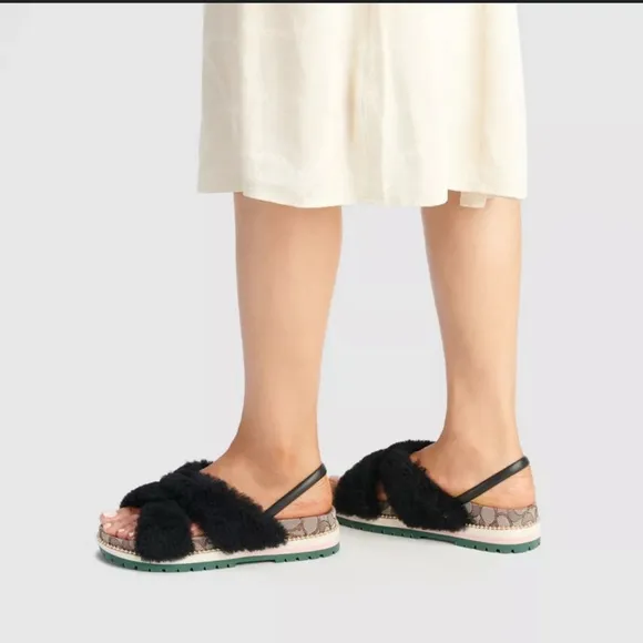 Coach Tally shearling Black Fuzzy Sandals