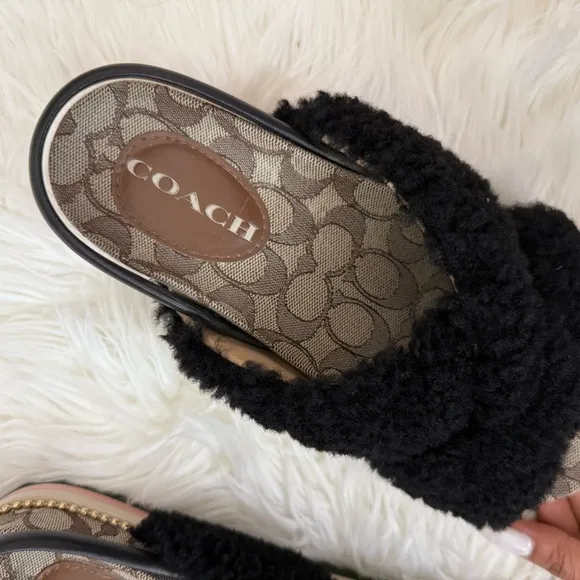Coach Tally shearling Black Fuzzy Sandals