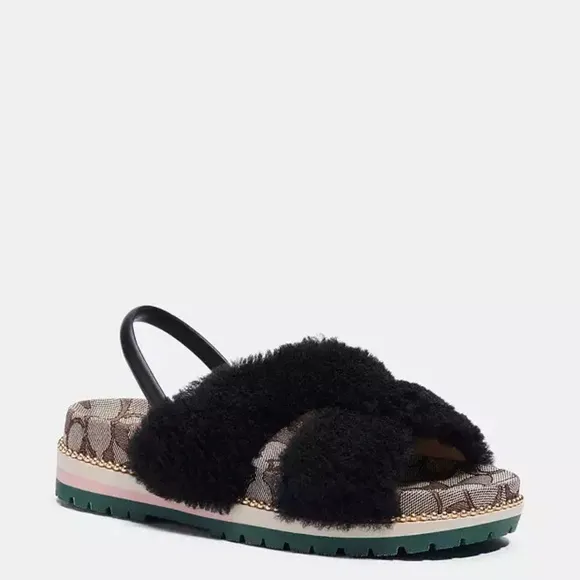Coach Tally shearling Black Fuzzy Sandals