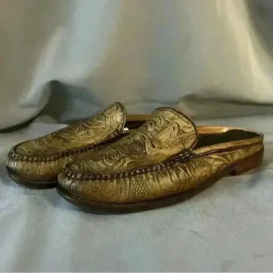 Cole Haan Elkins Tooled Leather Slides Brown Embossed Leather Slip-On Loafers 7B
