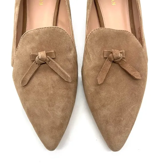 Cole Haan Viola Beige Skimmer Pointy Toe Suede Flat Women Size 8 Bow Classic