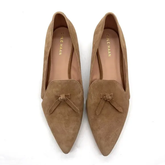 Cole Haan Viola Beige Skimmer Pointy Toe Suede Flat Women Size 8 Bow Classic