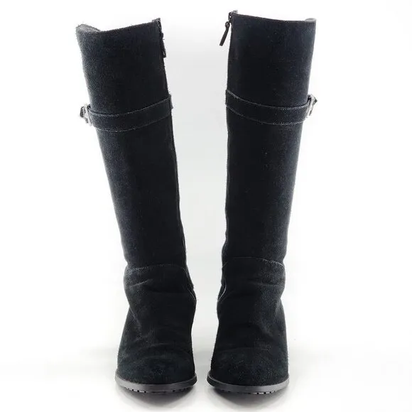 COLE HAAN Waterproof Suede Knee-High Tall Boots Zip Black Buckles