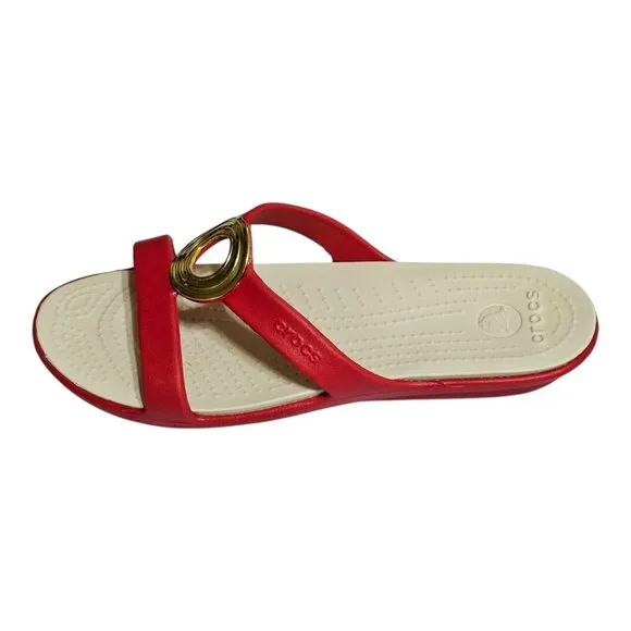Crocs Sanrah Beveled Circle Sandals Womens 7 Red &amp; Gold Slip On Slide Shoe