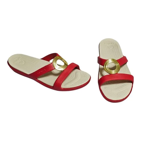 Crocs Sanrah Beveled Circle Sandals Womens 7 Red &amp; Gold Slip On Slide Shoe
