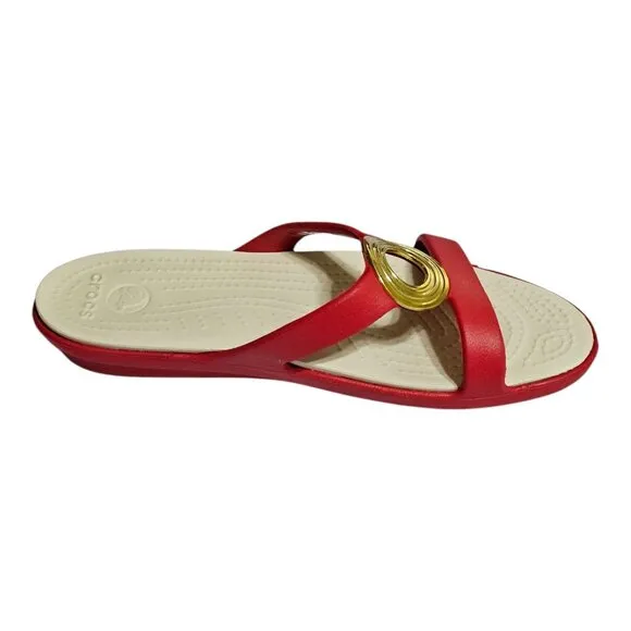 Crocs Sanrah Beveled Circle Sandals Womens 7 Red &amp; Gold Slip On Slide Shoe
