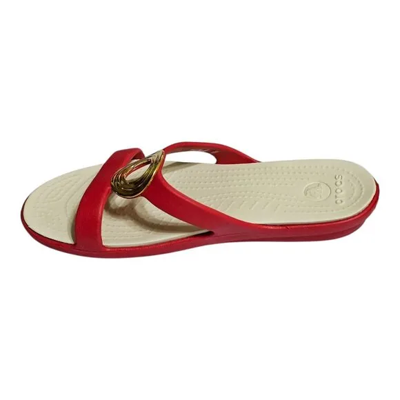 Crocs Sanrah Beveled Circle Sandals Womens 7 Red &amp; Gold Slip On Slide Shoe