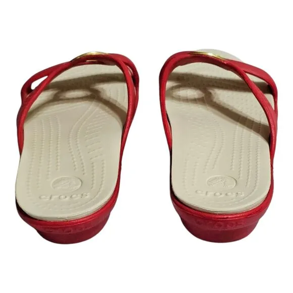 Crocs Sanrah Beveled Circle Sandals Womens 7 Red &amp; Gold Slip On Slide Shoe