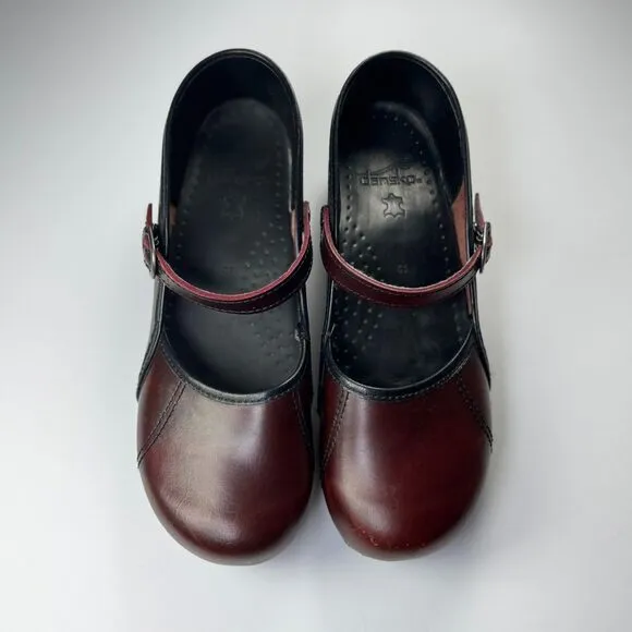 Dansko Mary Jane Marcelle Clogs Women 41 Red Oxblood Leather Strap Comfort Shoes