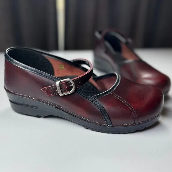 Dansko Mary Jane Marcelle Clogs Women 41 Red Oxblood Leather Strap Comfort Shoes