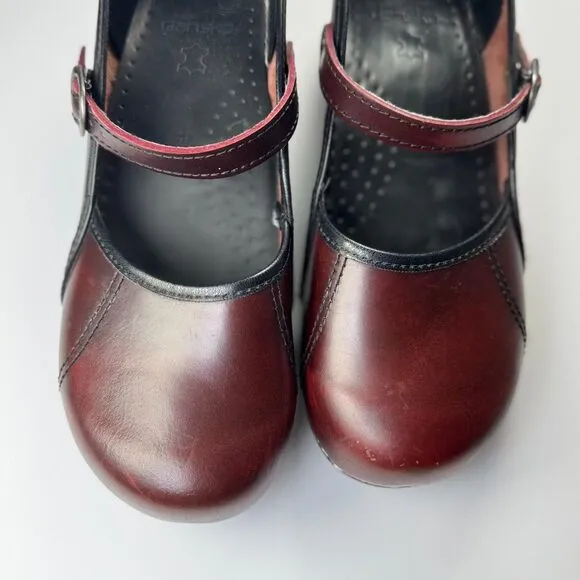 Dansko Mary Jane Marcelle Clogs Women 41 Red Oxblood Leather Strap Comfort Shoes