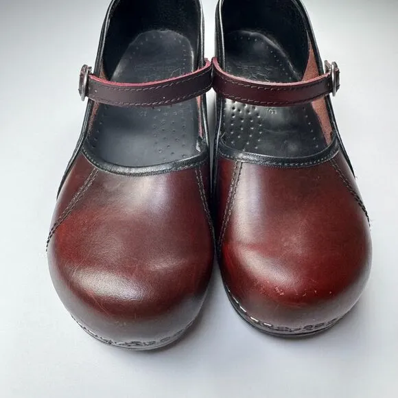 Dansko Mary Jane Marcelle Clogs Women 41 Red Oxblood Leather Strap Comfort Shoes