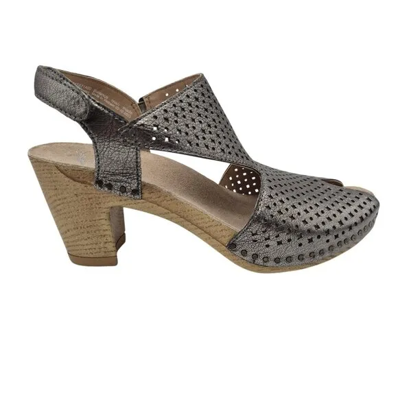 Dansko Teagan Laser Cut Leather Heeled Sandals Women's Size 38 Gray Metallic 235