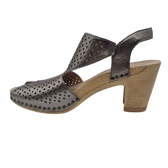 Dansko Teagan Laser Cut Leather Heeled Sandals Women's Size 38 Gray Metallic 235