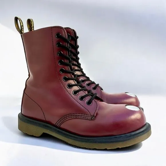 Dr. Doc Martens Maine 6.5 Exposed Steel Toe Cherry Red Smooth LeatherBoots UK4