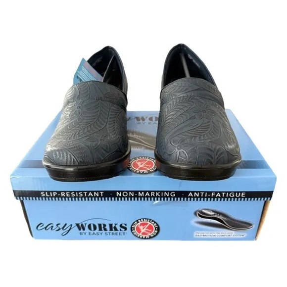 Easy Works by Easy Street Lyndee Shoes Navy Floral Embossed Women’s Size 9.5