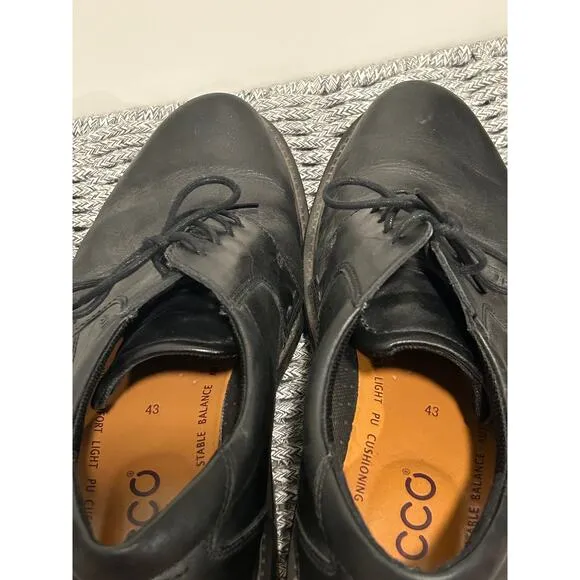 ECCO Helsinki Plain Toe Leather Derby Men's Size 9.5 Black Comfort Dress Shoe