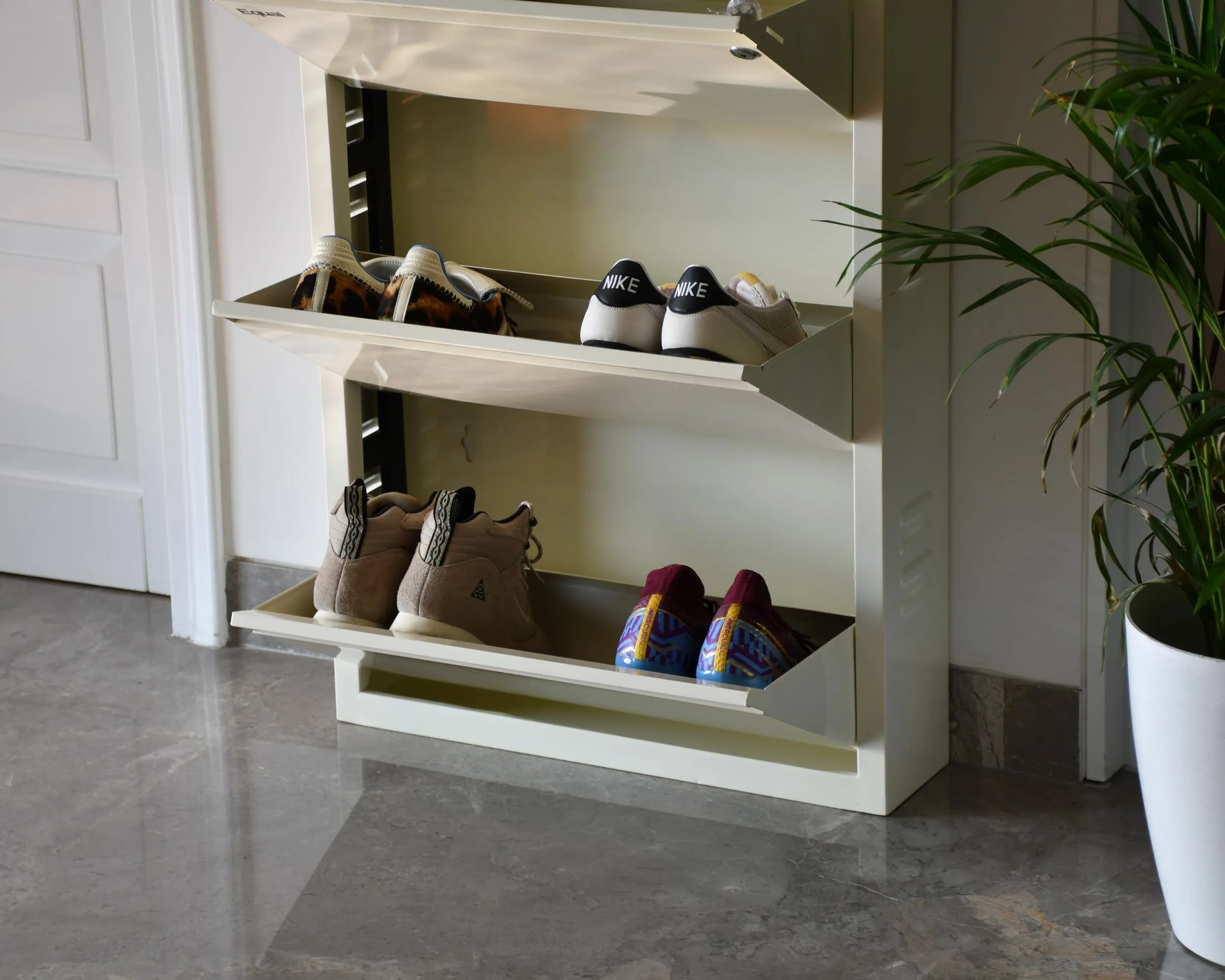 Equal 3 Shelf X Shoe Rack for Home | Premium Mild Steel Shoe Cabinet for Home holds upto 6-9 pairs of shoes | 3 Years Limited Warranty | 3 Shelf - Glossy Ivory