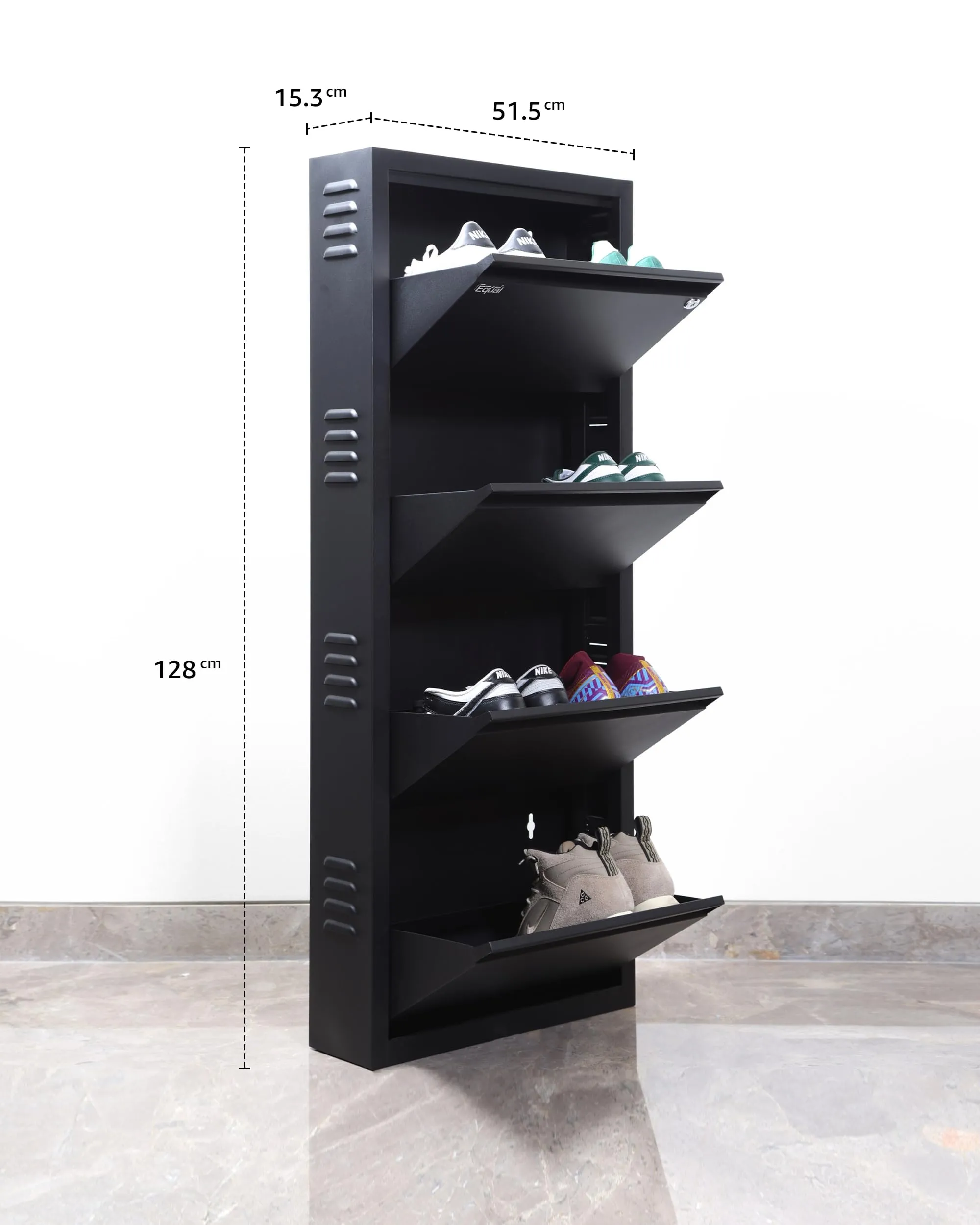 Equal 4 Shelf Lite Shoe Rack for Home | Economic Mild Steel Shoe Cabinet for Home holds upto 8-10 pairs of shoes | 3 Years Limited Warranty | 4 Shelf - Matte Black