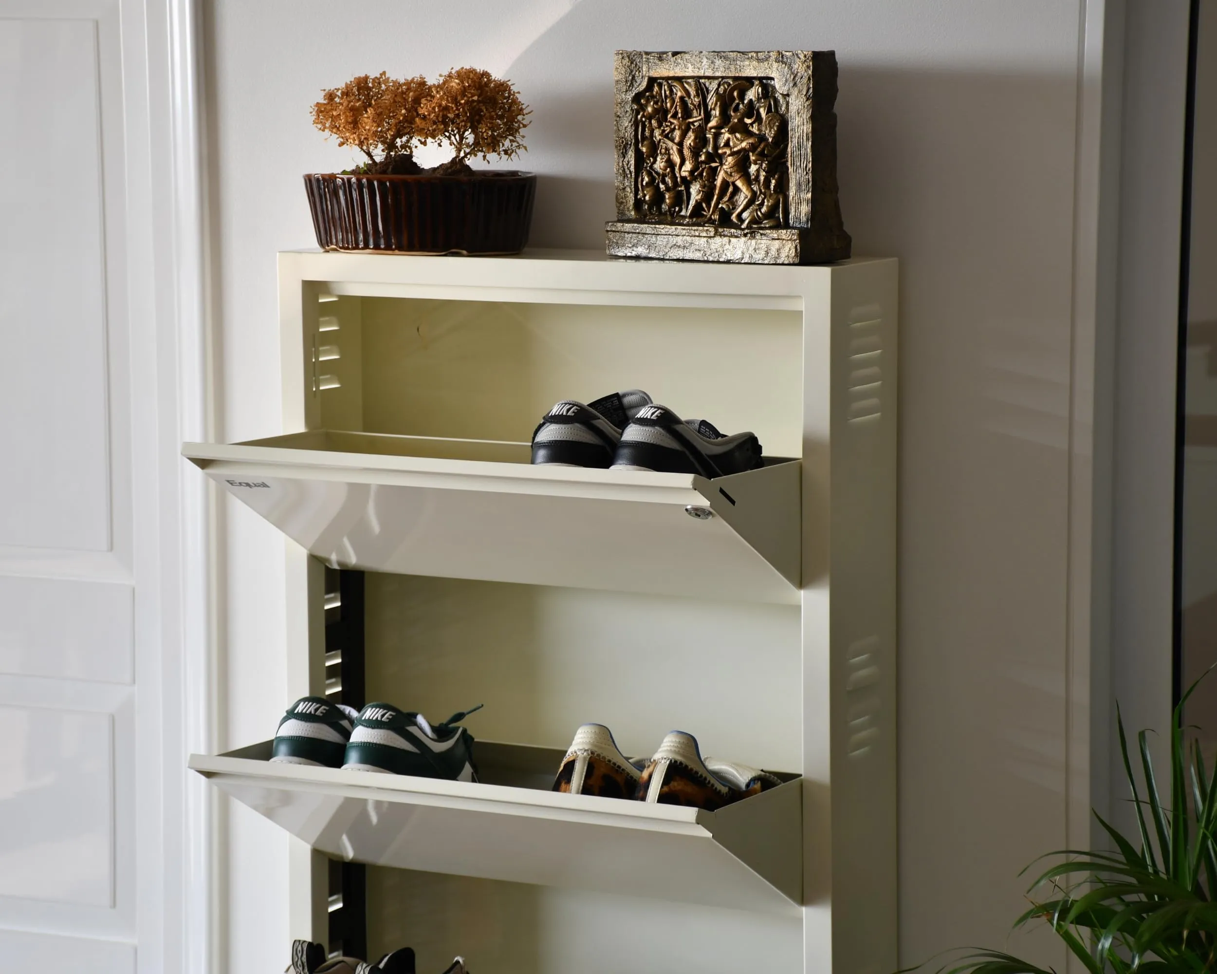 Equal 4 Shelf X Shoe Rack for Home | Premium Mild Steel Shoe Cabinet for Home holds upto 8-12 pairs of shoes | 3 Years Limited Warranty | 4 Shelf - Glossy Ivory