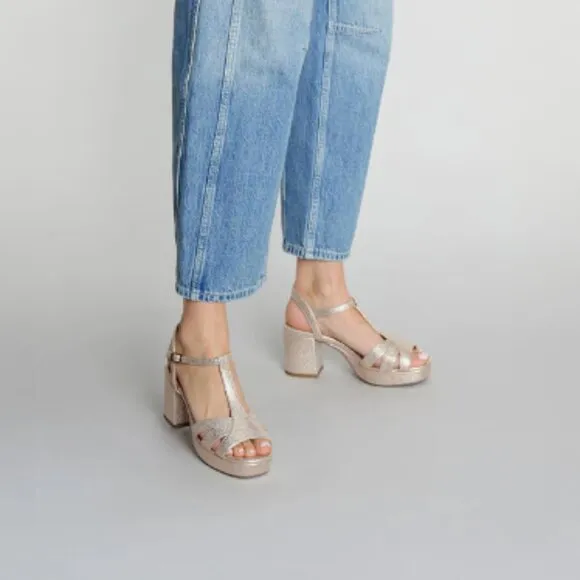 ESSKA Charlie Vegan Embossed Platinum Mid Heel T-bar Sandals 40