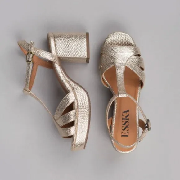 ESSKA Charlie Vegan Embossed Platinum Mid Heel T-bar Sandals 40