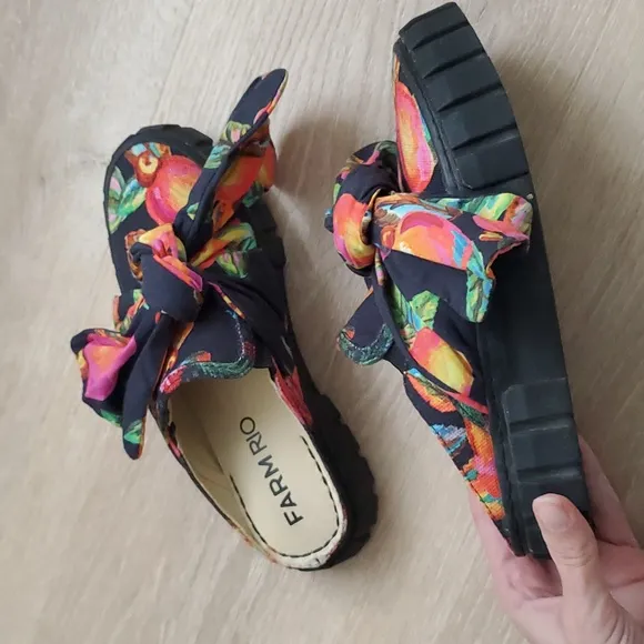 Farm Rio Knotted Bow Tropical Fruit Slide Mules Shoes Sz6.5
