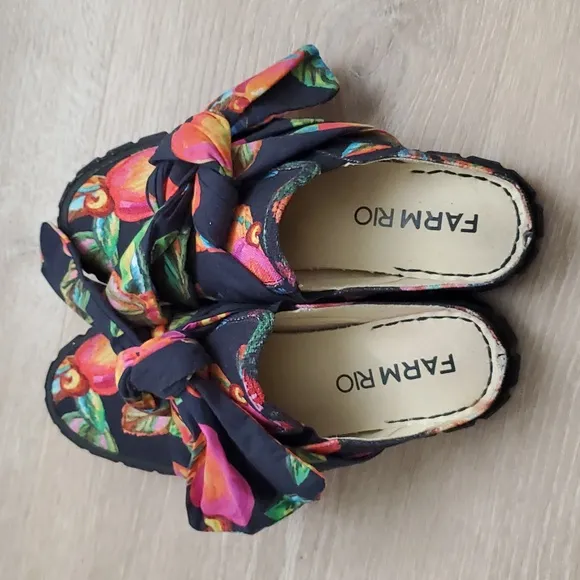 Farm Rio Knotted Bow Tropical Fruit Slide Mules Shoes Sz6.5