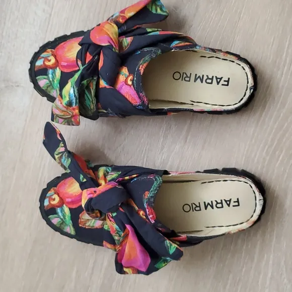Farm Rio Knotted Bow Tropical Fruit Slide Mules Shoes Sz6.5