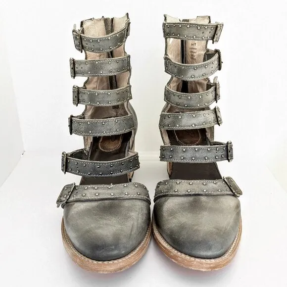 Freebird Salty Size 11, Studded Strappy Closed Toe Sandal, Western, Gray Leather
