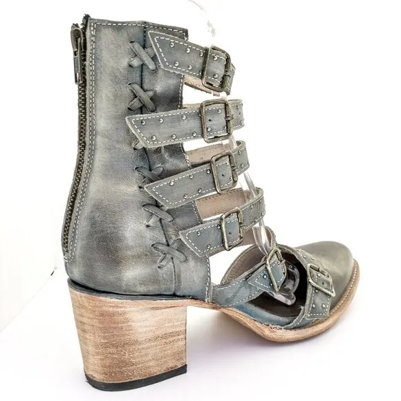 Freebird Salty Size 11, Studded Strappy Closed Toe Sandal, Western, Gray Leather