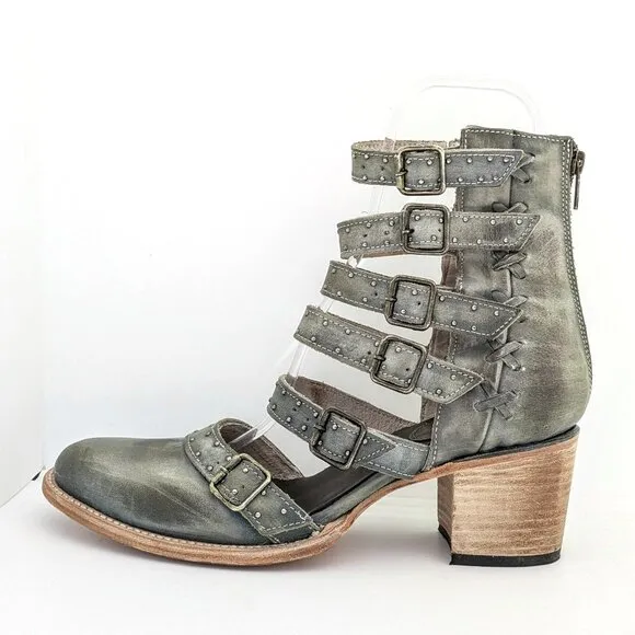 Freebird Salty Size 11, Studded Strappy Closed Toe Sandal, Western, Gray Leather