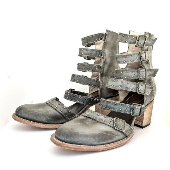 Freebird Salty Size 11, Studded Strappy Closed Toe Sandal, Western, Gray Leather