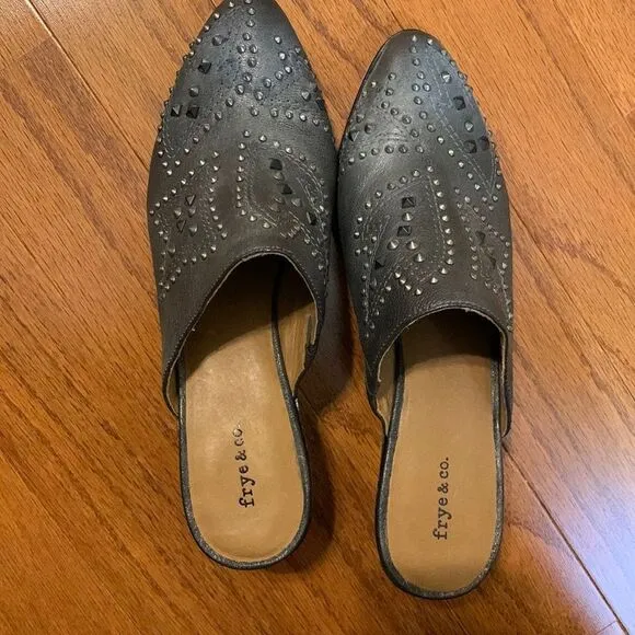 Frye &amp; Co Size 11 Phoenix pewter heeled studded mule shoes NWOT