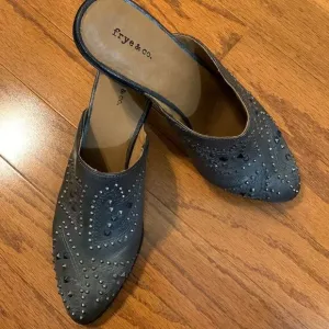 Frye &amp; Co Size 11 Phoenix pewter heeled studded mule shoes NWOT